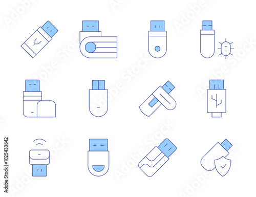 Usb flash drive icons. Line Duotone style, editable stroke. USB hub, USB file system, USB bootable drive