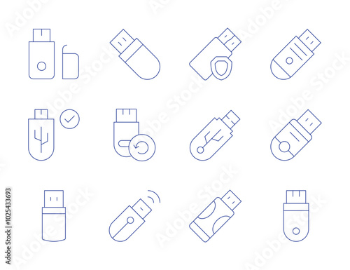 Usb flash drive icons. Thin Line style, editable stroke. thumb drive, USB OTG cable, USB partition, encryption software, USB drive benchmark