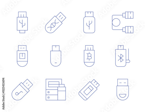 Usb flash drive icons. Thin Line style, editable stroke. USB drive performance, USB drive encryption