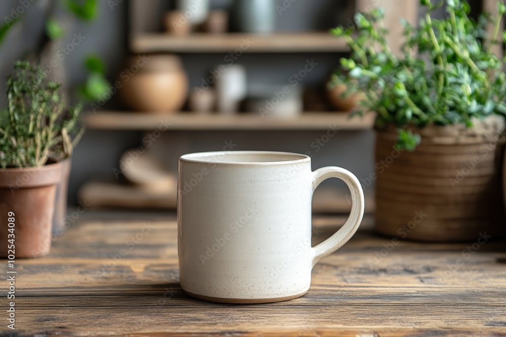White Ceramic Mug on Rustic Wooden Table with Plants in Background White Ceramic Mug on Rustic Wooden Table with Plants in Background