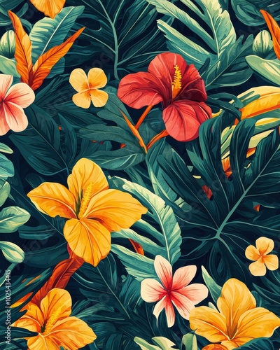 Colorful Tropical Leaves and Exotic Flowers Pattern