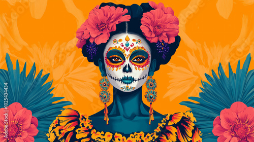 Bold La Catrina Illustration with Vibrant Makeup and Earrings for D?a de Muertos