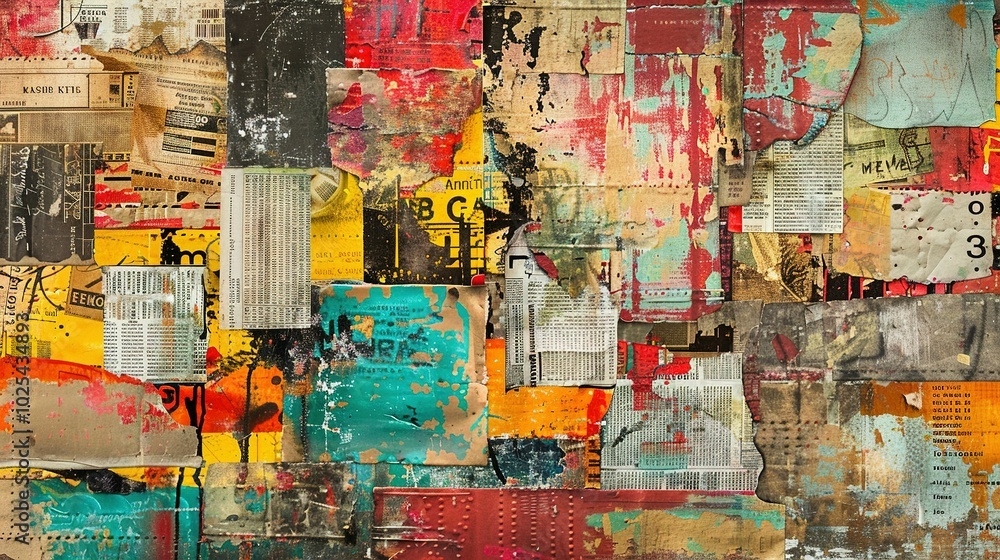 Fototapeta premium Collaged Magazine Cutouts Against Colorful Grunge Textures