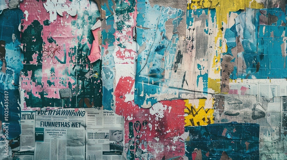 Fototapeta premium Collaged Magazine Cutouts Against Colorful Grunge Textures