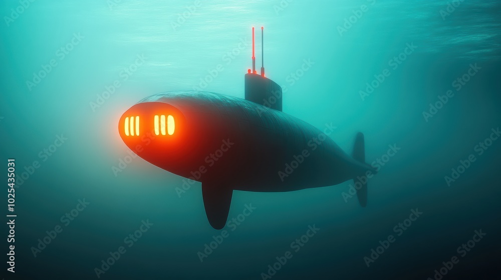 Modern Submarine Underwater in Blue Ocean Environment Modern Submarine Underwater in Blue Ocean Environment