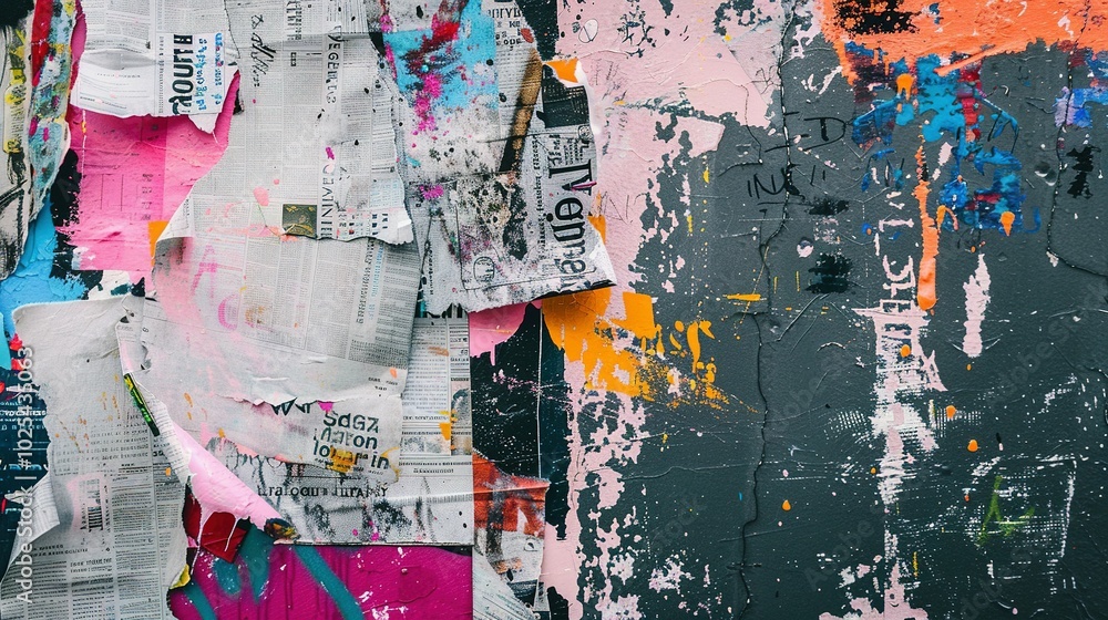 Fototapeta premium Collaged Magazine Cutouts Against Colorful Grunge Textures