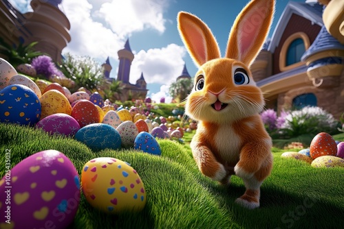 3D animation of a bunny hopping through a virtual Easter egg hunt, with eggs digitally hidden in a fully rendered garden, complete with lifelike textures and lighting photo