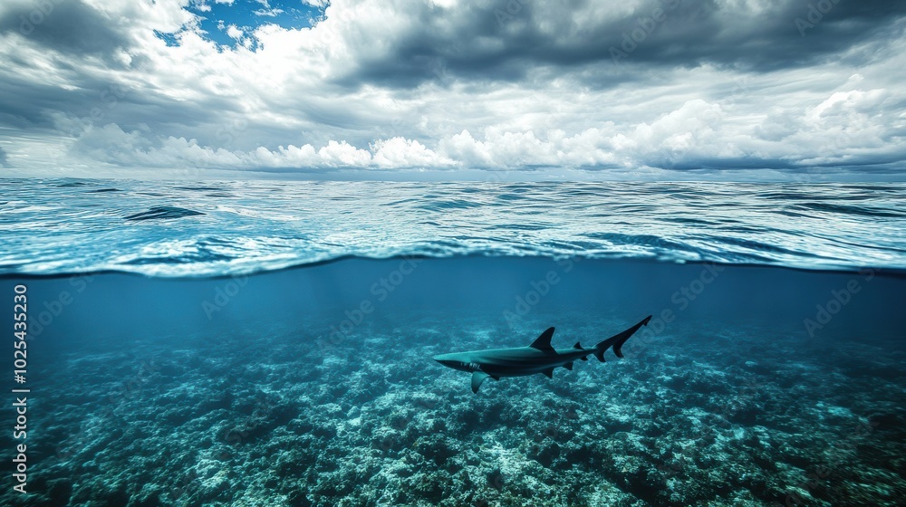 Shark Swimming in Clear Ocean Water Under Dramatic Sky Shark Swimming in Clear Ocean Water Under Dramatic Sky