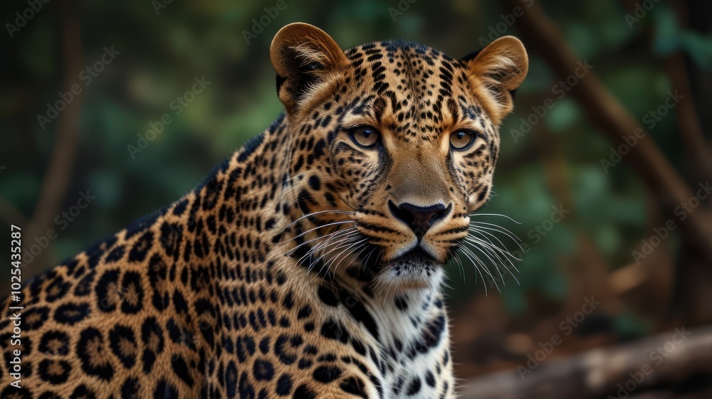 Fototapeta premium A close-up portrait of a leopard with a blurred background of green foliage. The leopard's eyes are sharp and focused, giving a sense of wildness and strength. The image is captured at eye level, 