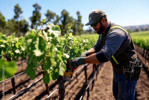 3D-rendered vineyard worker pruning grapevines, with lifelike textures and lighting creating a fully immersive digital vineyard scene, showcasing the precision of pruning photo