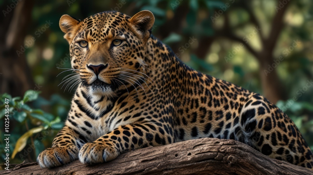 A majestic leopard with a piercing gaze lies on a tree branch, its spotted fur blending seamlessly with the surrounding foliage. A majestic leopard with a piercing gaze lies on a tree branch, its spotted fur blending seamlessly with the surrounding foliage.