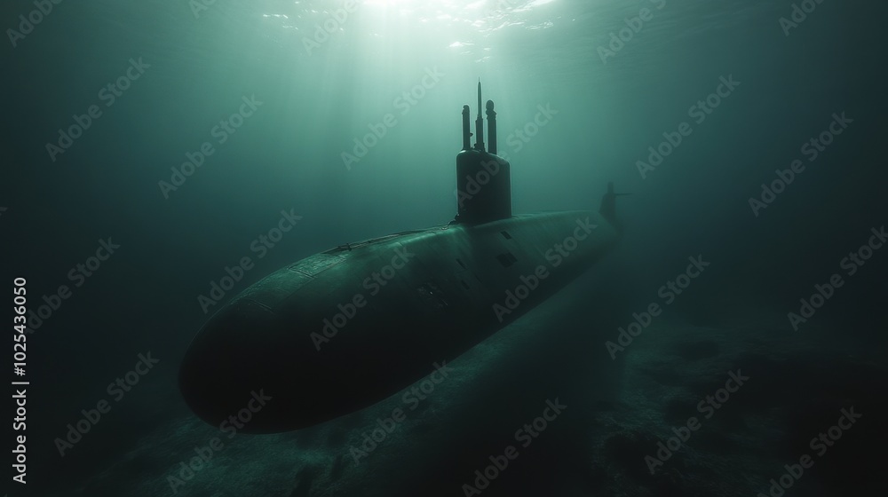 Submarine Beneath Water Surface in Dim Light Submarine Beneath Water Surface in Dim Light
