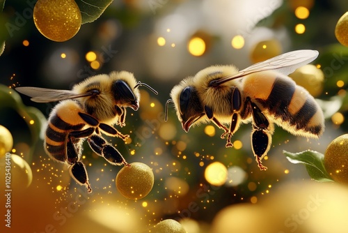 Bee and bumblebee in a fairy-tale orchard, where the trees bloom with golden flowers and the air is filled with glowing dust, the insects acting as tiny magical helpers