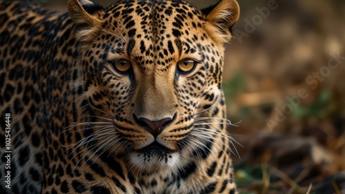 A close-up portrait of a leopard with intense golden eyes staring directly at the camera.