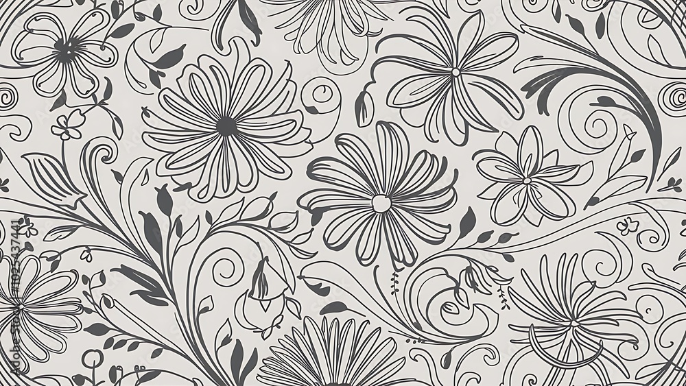 Vector Seamless Monochrome Floral Pattern. Hand Drawn Floral Texture, Decorative Flowers, Coloring Book Vector Seamless Monochrome Floral Pattern. Hand Drawn Floral Texture, Decorative Flowers, Coloring Book