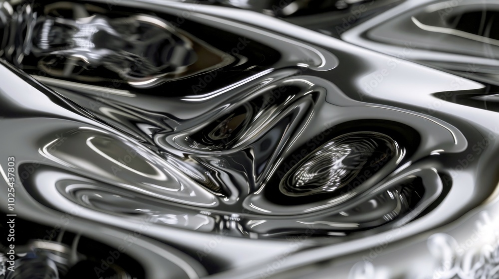 Abstract metallic surface with fluid-like reflections and distortions.