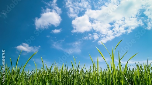 A serene and expansive landscape featuring a wide horizon, lush green grass, and a clear blue sky. This peaceful scene captures the simplicity and beauty of nature, with rolling fields meeting the sky