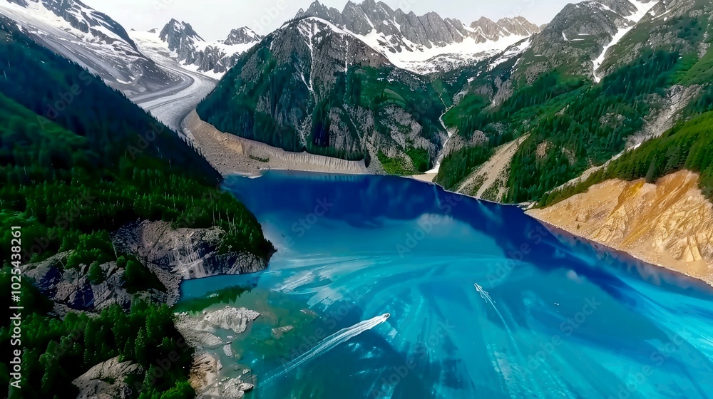 Aerial view of a stunning blue lake surrounded by mountains and glaciers. Aerial view of a stunning blue lake surrounded by mountains and glaciers.