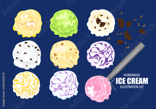 Vector illustration set of gelato ice cream. Ice cream set. Several balls are isolated on a blue background. Top view. Copy space. Assorted frozen yogurt or ice cream balls  Healthy summer desserts.