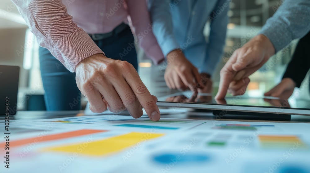Business Team Analyzing Data & Charts on Tablet Business Team Analyzing Data & Charts on Tablet