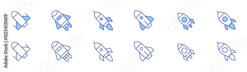 Rocket icon set in two styles, Duotone and Thin Line style. Editable stroke. rocket, space shuttle, rocket launch