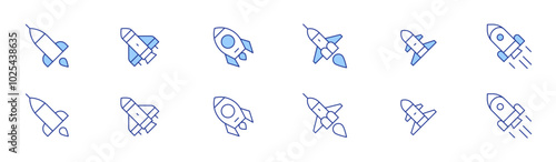 Rocket icon set in two styles, Duotone and Thin Line style. Editable stroke. rocket, startup, start up