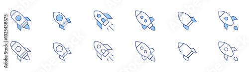 Rocket icon set in two styles, Duotone and Thin Line style. Editable stroke. startup, rocket, rocket launch