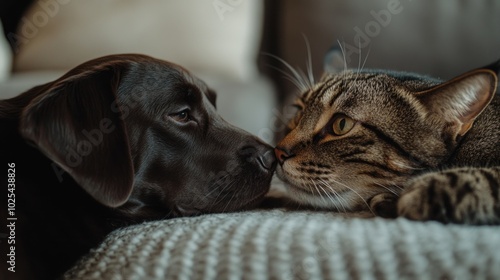 A brown Labrador dog and a tabby cat are nose-to-nose, looking at each other, lying on a couch.