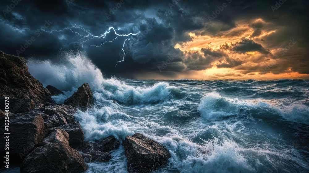 Fototapeta premium Dramatic Ocean Storm with Lightning and Waves