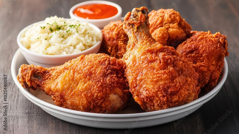 Crispy fried chicken on a tray, with dramatic lighting emphasizing the goldenbrown texture of the chicken and side dishes, 3D illustration Crispy fried chicken on a tray, with dramatic lighting emphasizing the goldenbrown texture of the chicken and side dishes, 3D illustration