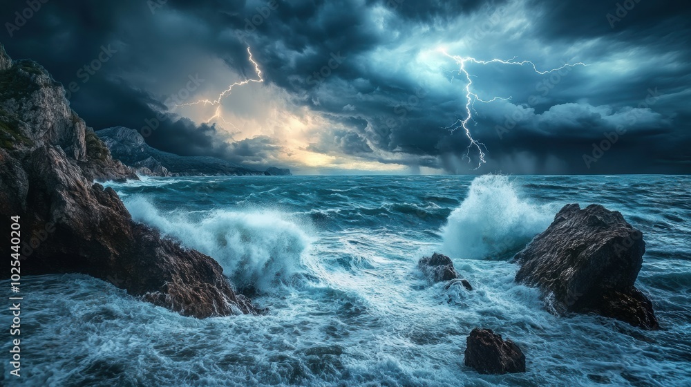 Stormy Sea with Dramatic Lightning and Waves Stormy Sea with Dramatic Lightning and Waves