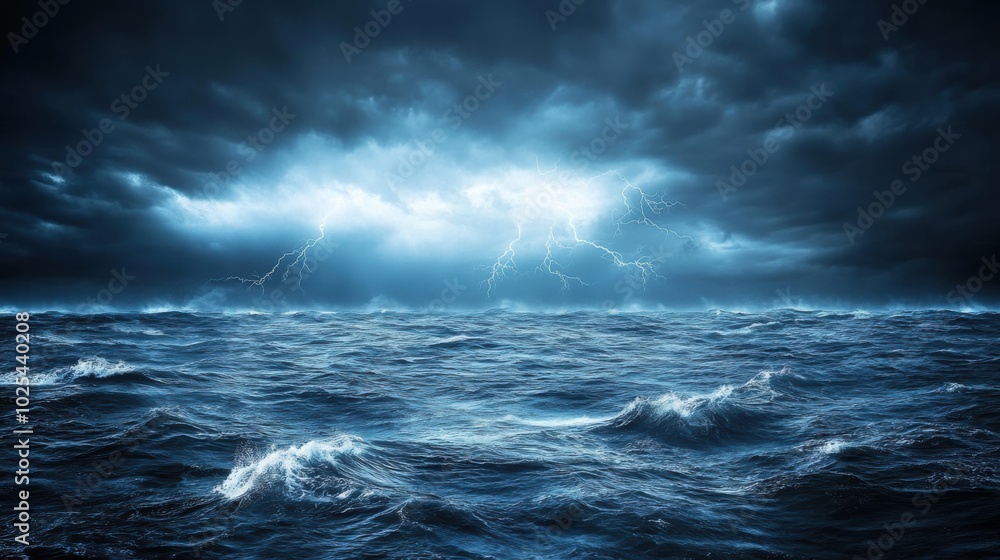 Fototapeta premium Stormy Sea with Dark Clouds and Lightning Strikes