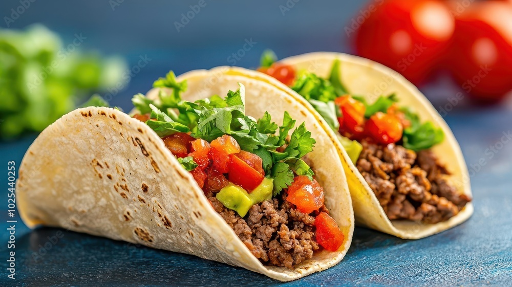 Closeup of fast food tacos on a colorful backdrop, with bright lights emphasizing the fresh toppings and crispy shells, 3D illustration Closeup of fast food tacos on a colorful backdrop, with bright lights emphasizing the fresh toppings and crispy shells, 3D illustration