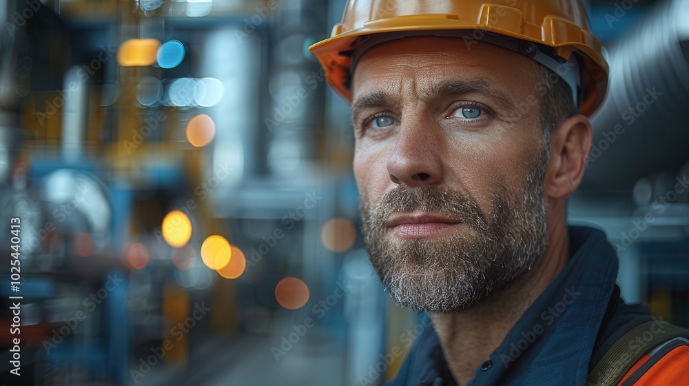 Industrial Worker in Safety Gear at Manufacturing Site Industrial Worker in Safety Gear at Manufacturing Site