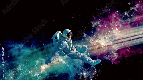 An astronaut floats through a vibrant, colorful cosmic space filled with stars and nebulae.