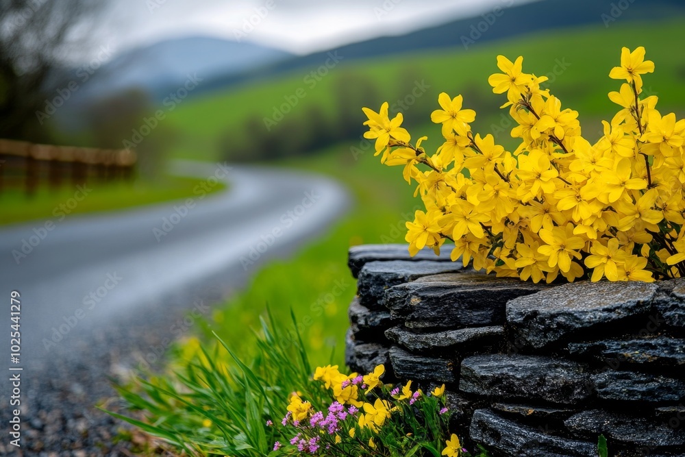 Forsythia blooming along a country road, with Aubrieta growing at the