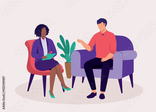 Man On Couch Talking To His Psychologist During A Psychotherapy Session.