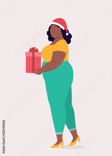 Side View Of One Plus Size Black Woman With Santa Hat Carrying A Christmas Present.