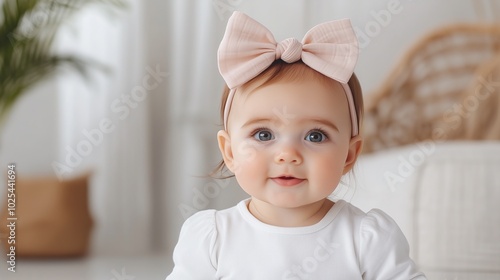 Smiling baby girl with a pink bow sitting in a bright, cozy room, capturing the warmth and innocence of childhood in a beautifully lit, minimalist home interior