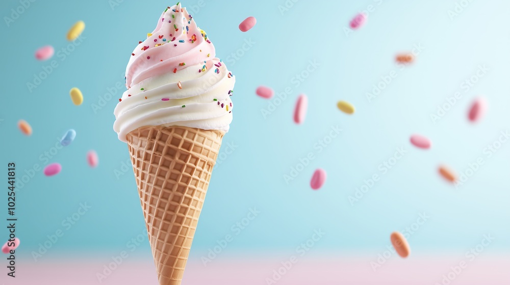 Delicious soft-serve ice cream cone topped with colorful sprinkles, floating candies in the background, creating a fun and playful dessert concept against a pastel backdrop Delicious soft-serve ice cream cone topped with colorful sprinkles, floating candies in the background, creating a fun and playful dessert concept against a pastel backdrop