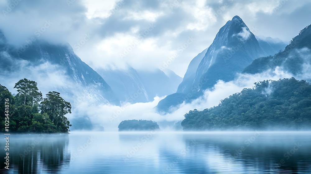 Fototapeta premium Misty Mountains Reflecting on a Still Lake