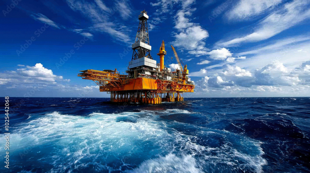 Obraz premium Offshore oil rig stands tall in ocean, surrounded by vibrant blue waters and dramatic sky filled with clouds. scene captures essence of industrial energy production