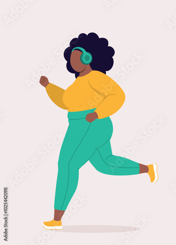 Side View Of One Overweight Black Woman In Activewear Running While Listening Music With Headphones.