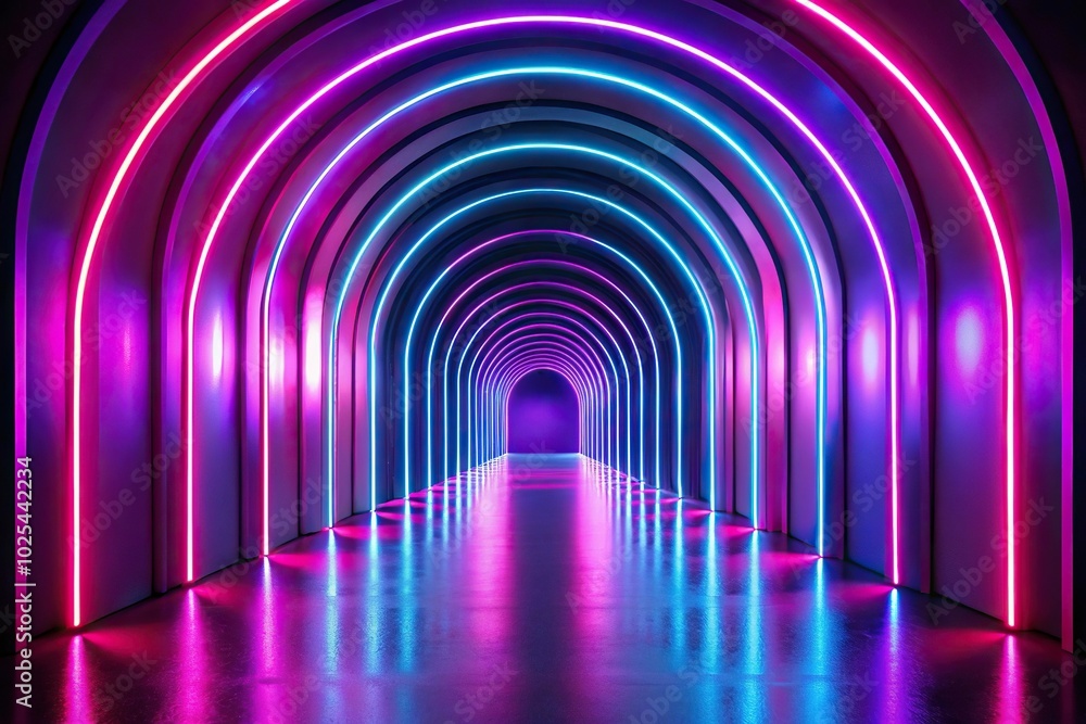 Futuristic neon arches with purple and pink lighting in symmetrical passage Futuristic neon arches with purple and pink lighting in symmetrical passage