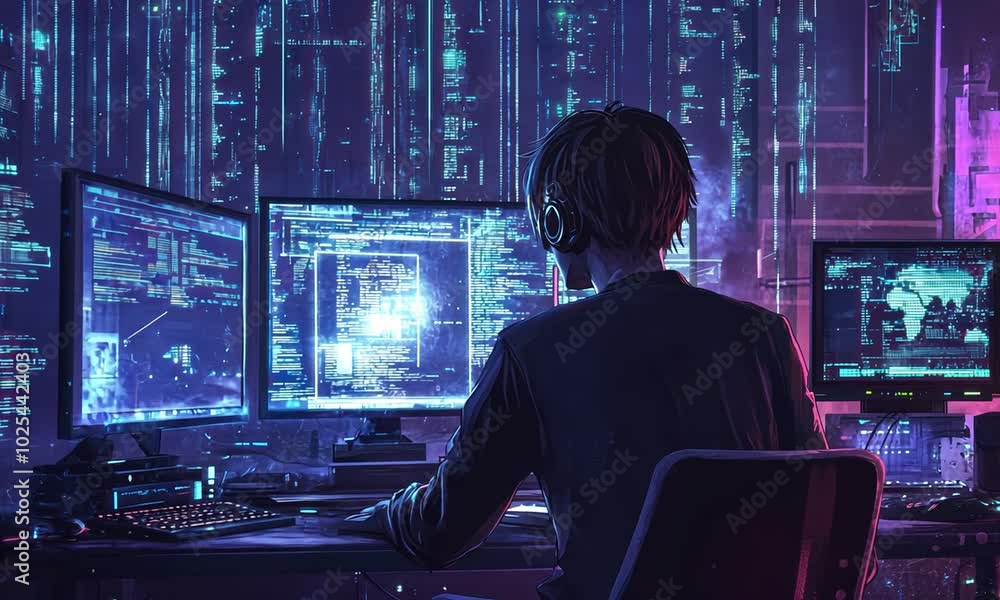 Cyberpunk Hacker Working on Multiple Monitors Cyberpunk Hacker Working on Multiple Monitors