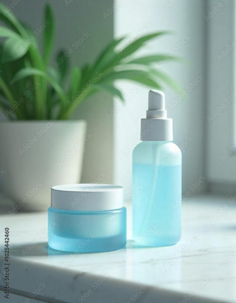 Realistic blank cosmetic product mockup with jar and bottle on marble, soft light, blurred plant. Realistic blank cosmetic product mockup with jar and bottle on marble, soft light, blurred plant.