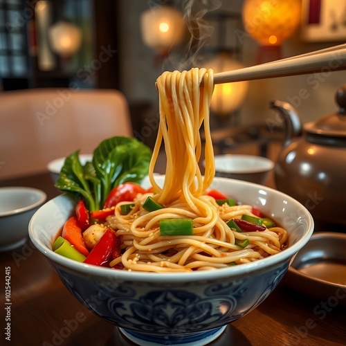  noodles being lifted by chopsticks from a bowl. photo