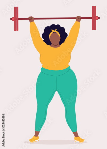 One Overweight Black Woman In Activewear Standing And Lifting Up A Barbell With Both Her Arms. Full Figured.