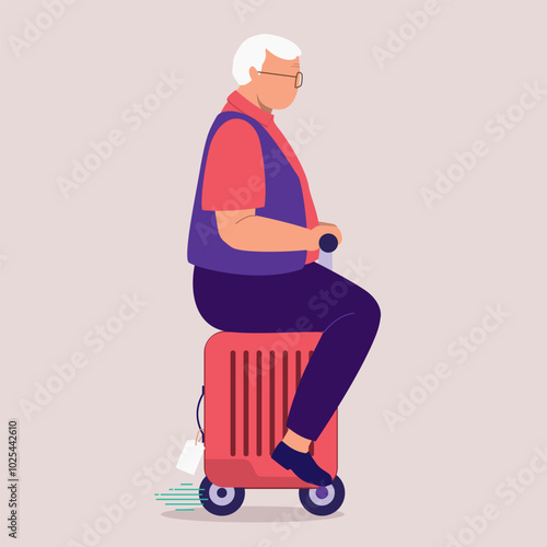 Side View Of One Elderly Man Riding On An Electric Suitcase Scooter.