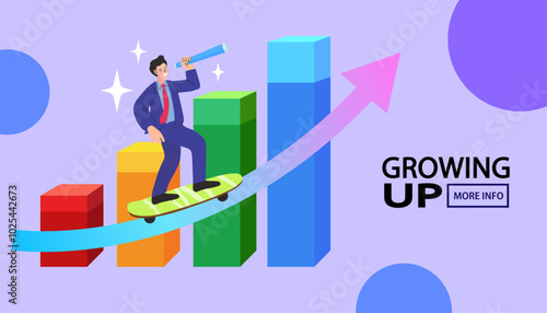 A concept of visionary business growth. A leader with a telescope rides a rising arrow and chart, symbolizing a successful strategy, forecasting, and looking for future opportunities.